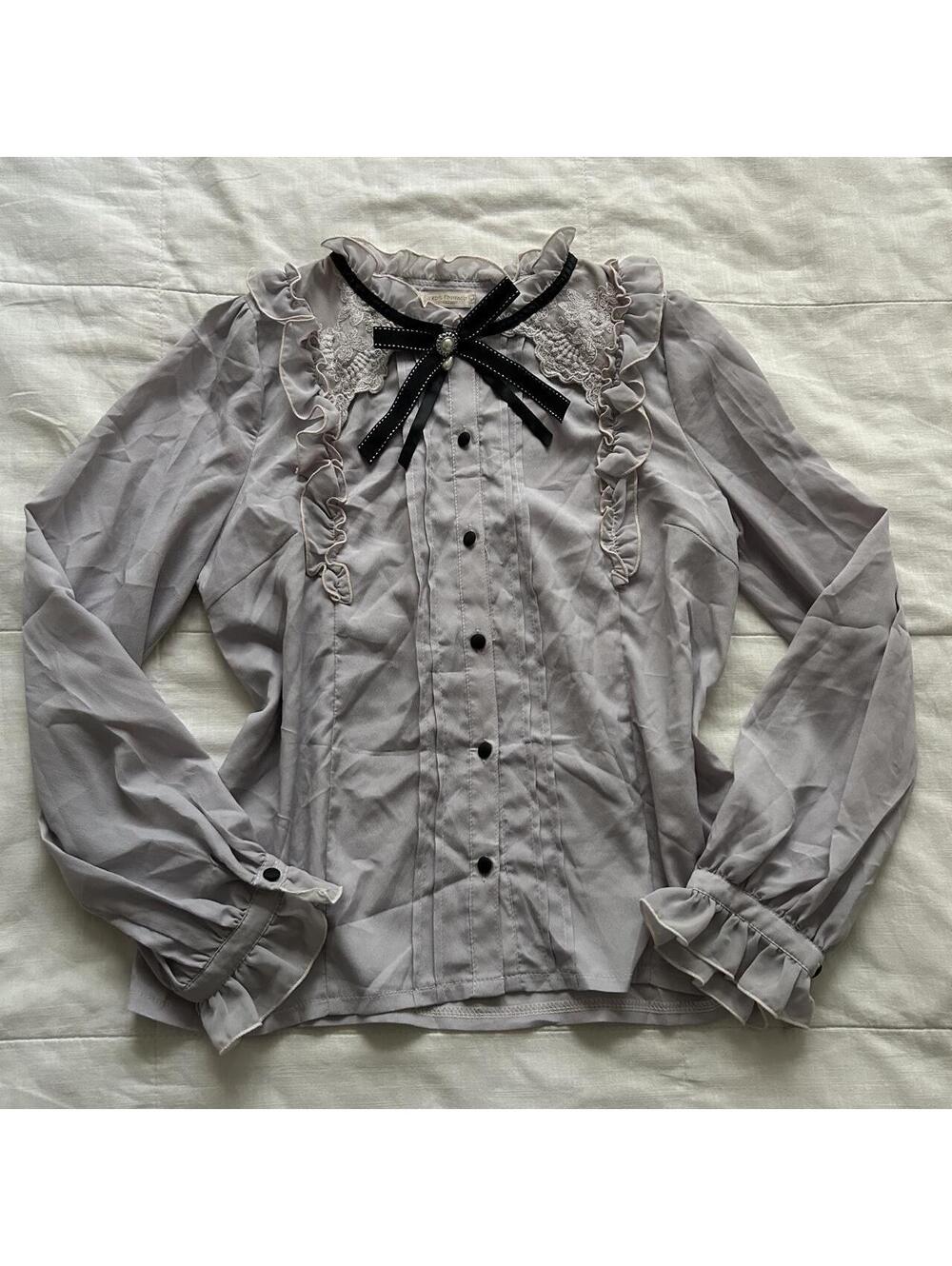 Axes Femme Lavender Gray Jirai Kei Lace Ruffle Blouse Pearl Bow Size M Japan